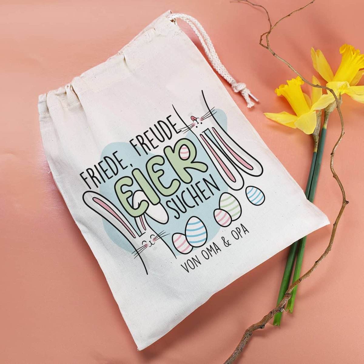 Friede, Freude, Eier suchen - Geschenksack zu Ostern mit Text personalisiert