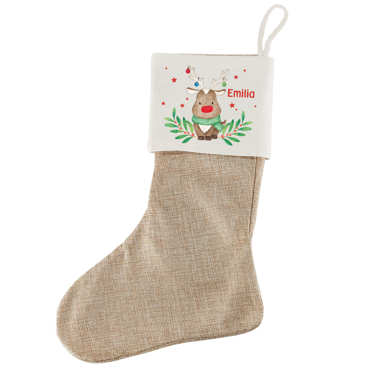 Weihnachtssocke mit Rentiermotiv und Namensaufdruck