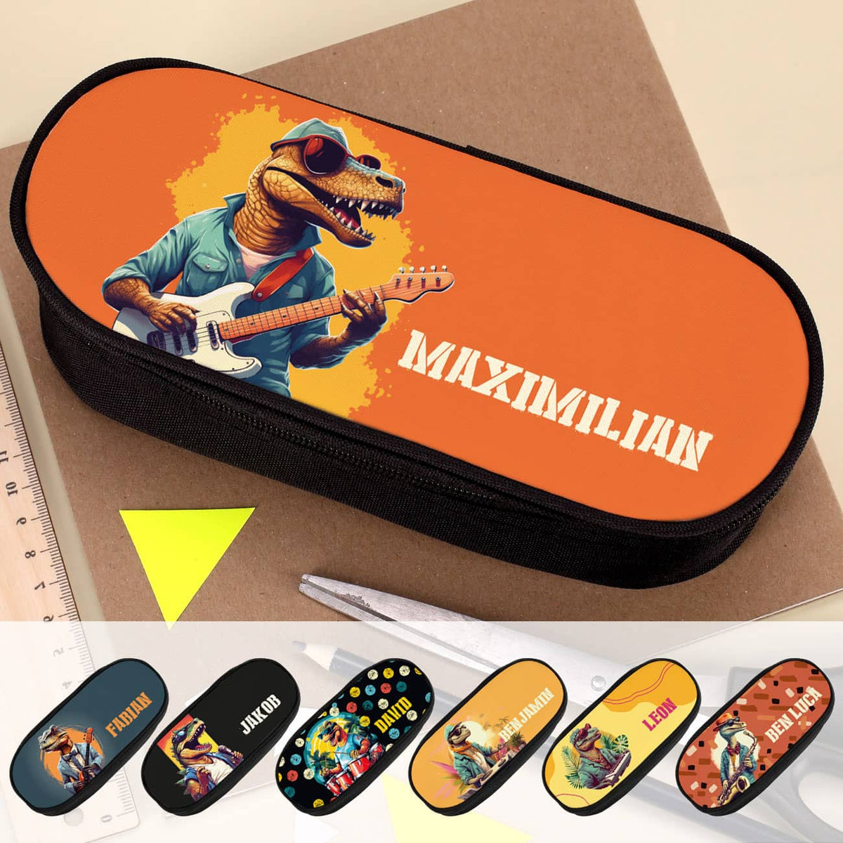 Coole Stiftebox mit rockenden Crazy-Dinos und Name mit sieben verschiedenen Motiven