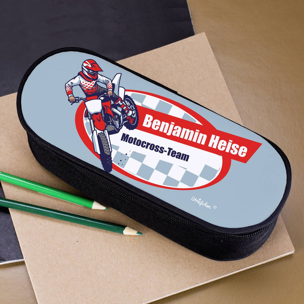 Stiftebox mit Motorrad, Wunschname und Text