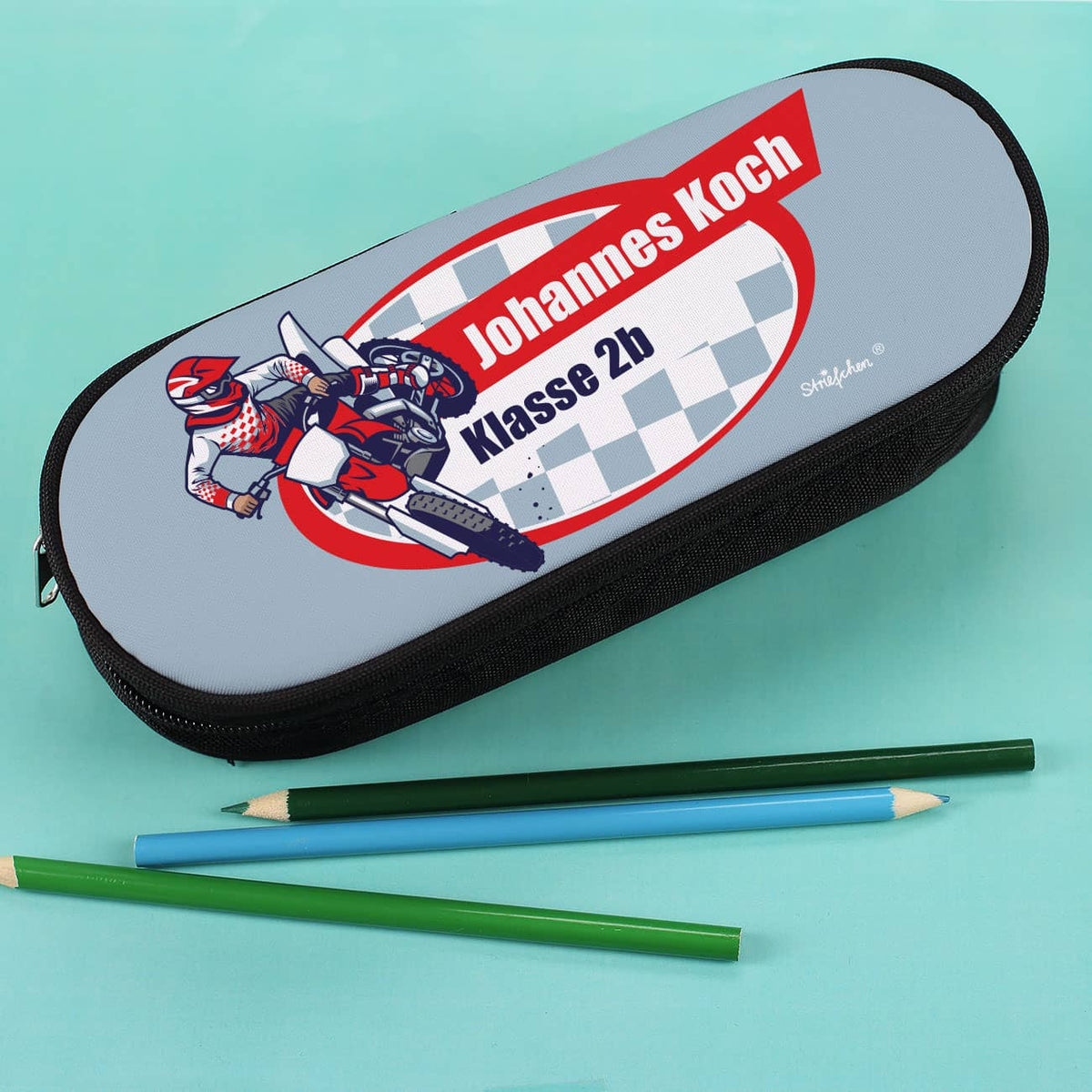 Stiftebox mit Motorrad, Wunschname und Text
