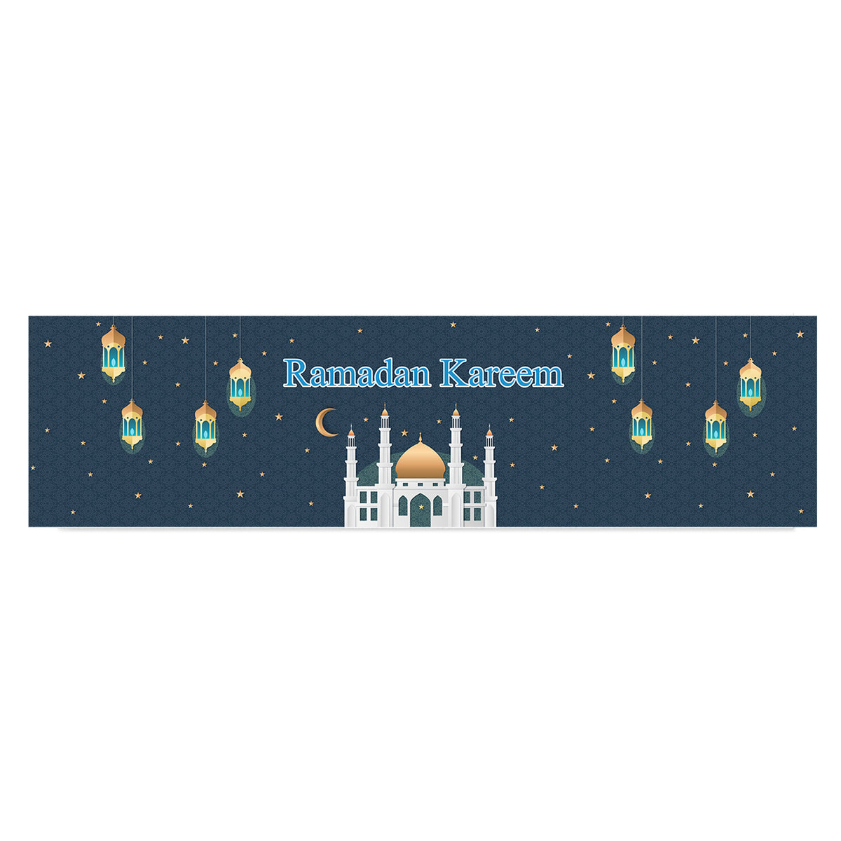 Tischläufer Ramadan Mubarak in Dunkelblau mit Sternenmotiv und orientalischer Moschee freigestellt