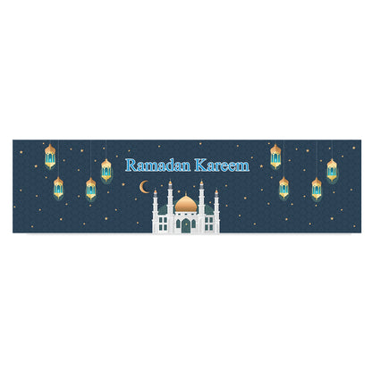Tischläufer Ramadan Mubarak in Dunkelblau mit Sternenmotiv und orientalischer Moschee freigestellt