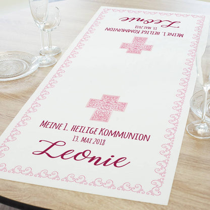 Tischläufer zur Kommunion, Konfirmation oder Taufe, in rosa