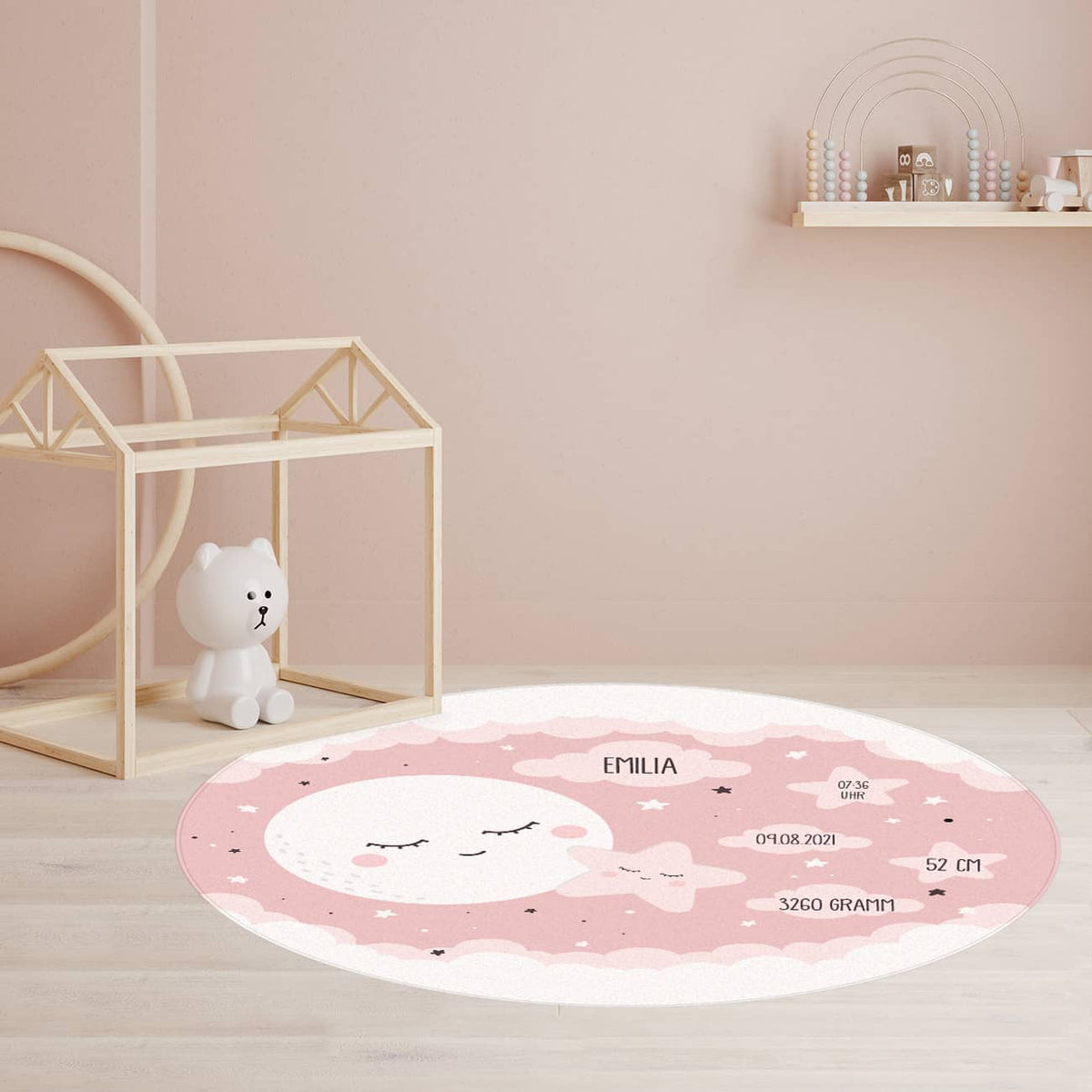 Kinderteppich zur Geburt in Rosa mit Mond und Sterne Motiv