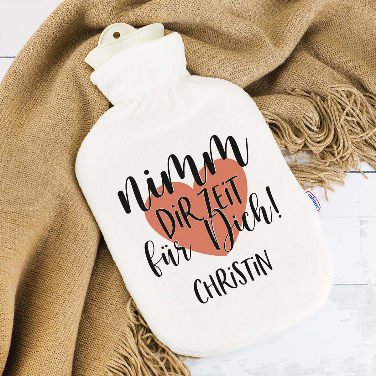 Personalisierte Wärmflasche mit Name und Herz Motiv `Nimm dir Zeit für Dich!' | Achtsamkeitsgeschenk
