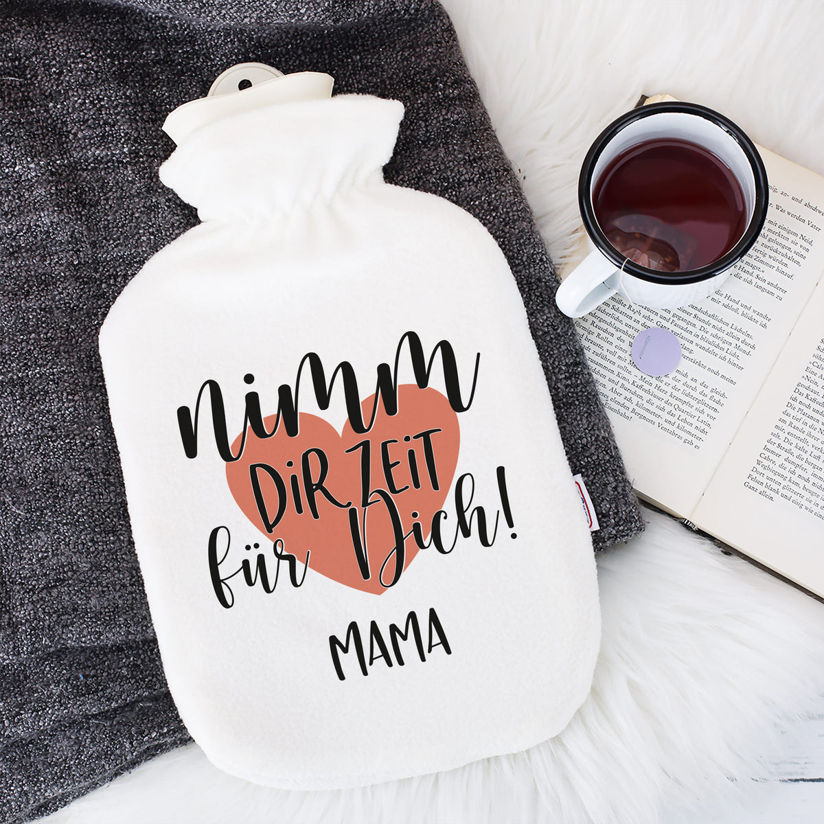 Personalisierte Wärmflasche mit Name und Herz Motiv `Nimm dir Zeit für Dich!' | Achtsamkeitsgeschenk