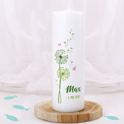 Kerze mit Pusteblume, Name, Datum und Wunschtext