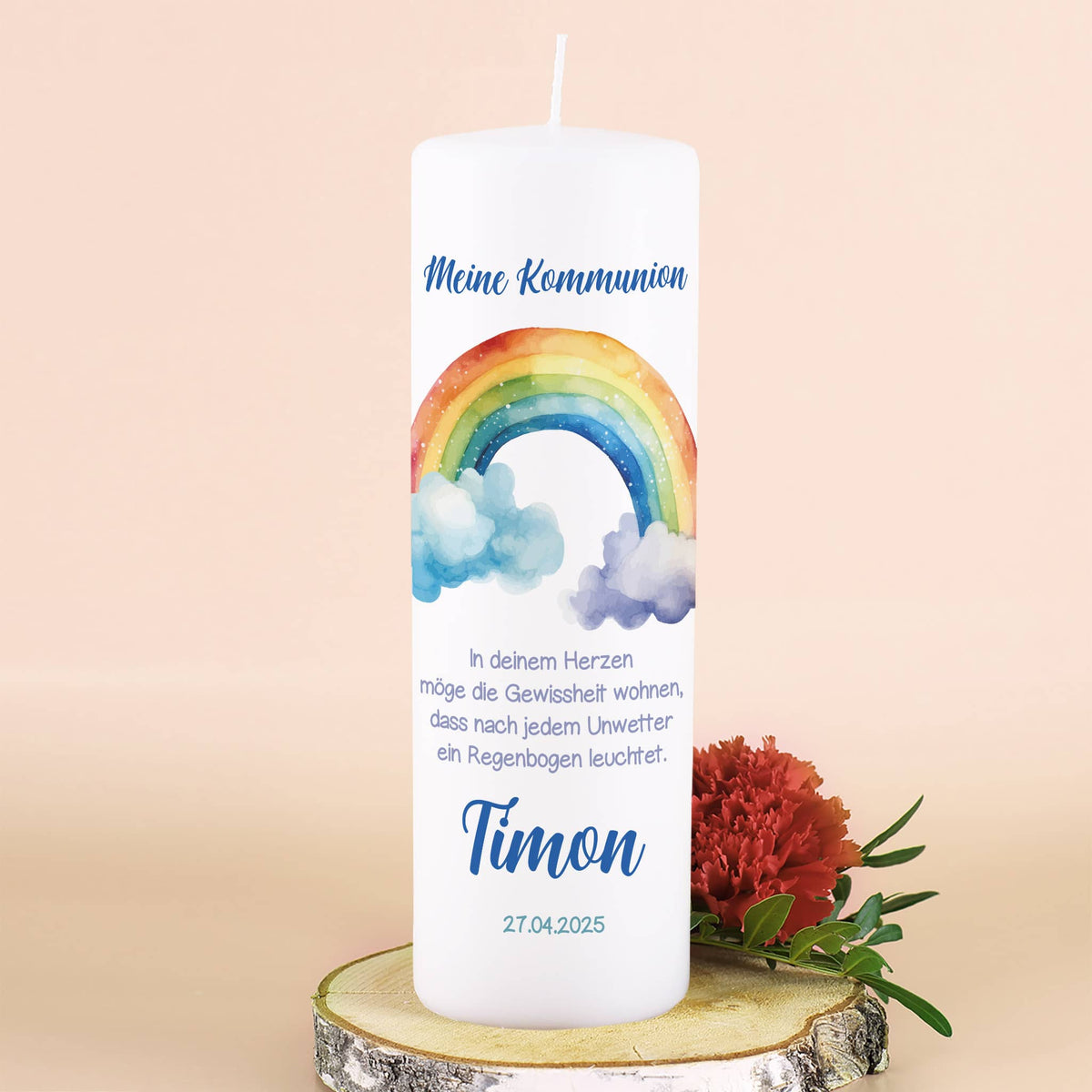Kerze mit Regenbogenmotiv zur Taufe, Kommunion oder Konfirmation