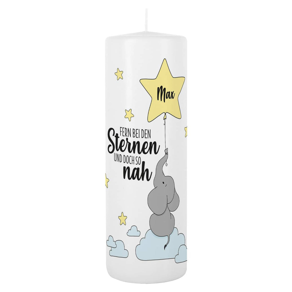 Kerze mit Sternenkind-Motiv und Name bedruckt