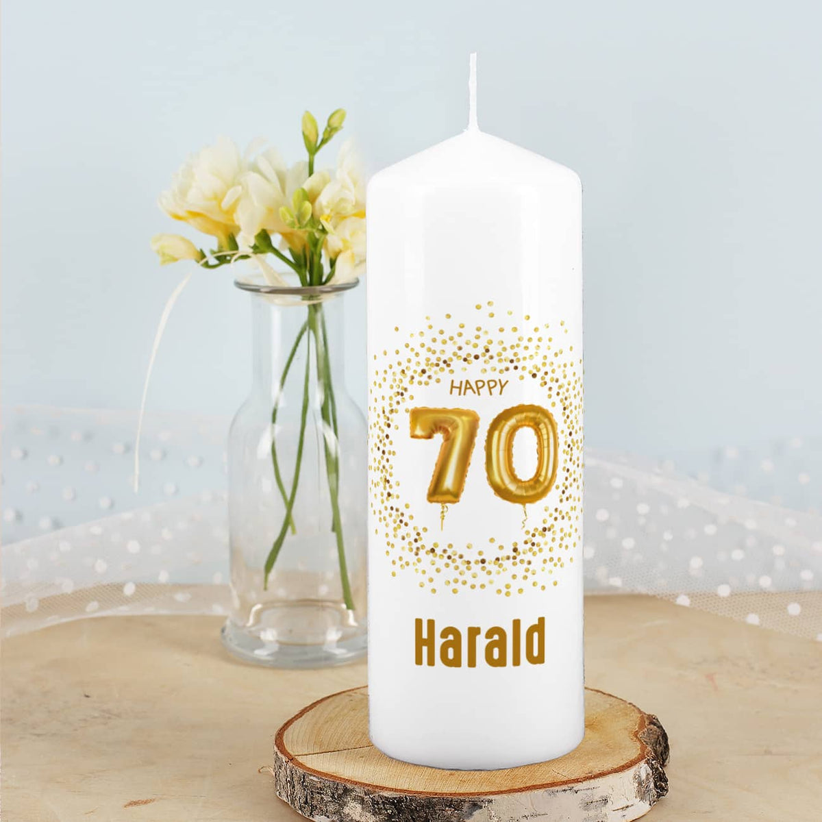 Kerze zum 70. Geburtstag mit Ihrem Namen persönlich bedruckt