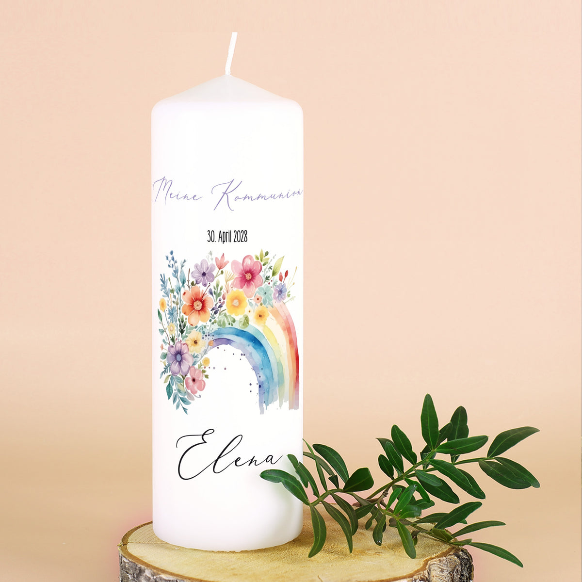 Personalisierte Kerze zur Konfirmation, Kommunion, Taufe, Jugendweihe | Blumen-Regenbogen Motiv