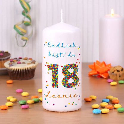Kerze zum 18. Geburtstag mit Name und Wunschtext