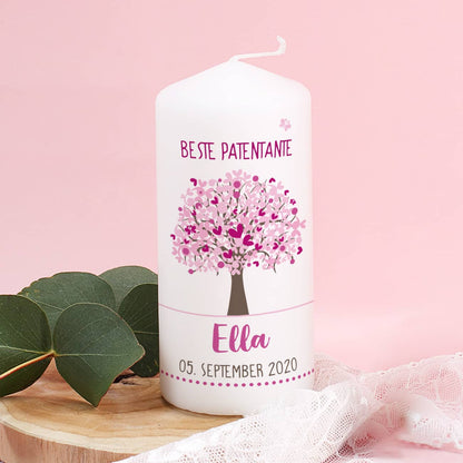 Patenkerze mit rosa Lebensbaum