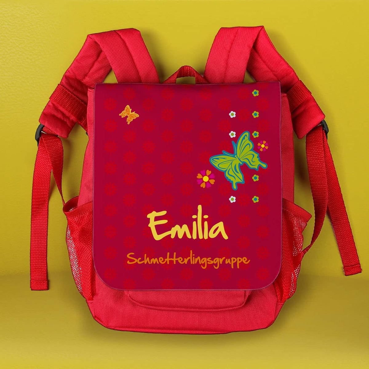 persönlicher Kinderrucksack in rot mit Schmetterlingen und Blüten