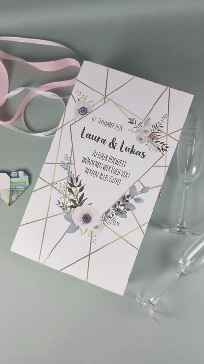 Gravierte Holzkiste zur Hochzeit mit zwei gravierten Weingläsern Geschenkidee mit Geldgeschenk