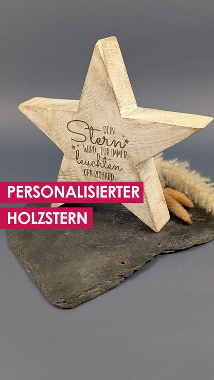 Holzstern mit Text Dein Stern wird für immer leuchten und Namensgravur