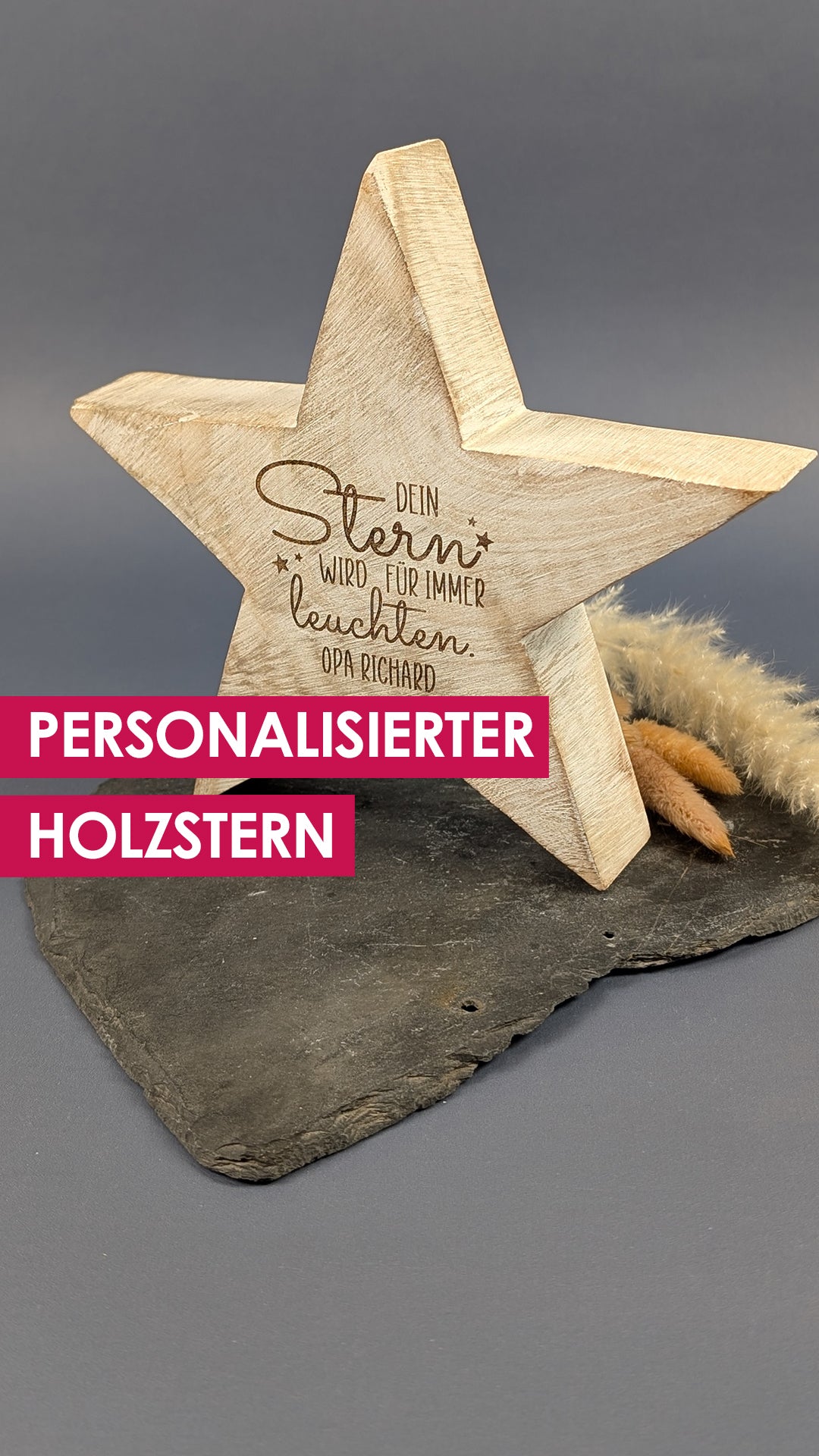 Holzstern mit Text Dein Stern wird für immer leuchten und Namensgravur