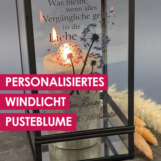 Video mit Windlicht Ritzenhoff & Breker personalisierte Laterne mit Namen und Datum. Motiv Pusteblume. Kerze wird angezündet.