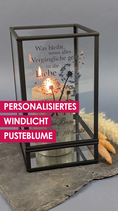 Video mit Windlicht Ritzenhoff & Breker personalisierte Laterne mit Namen und Datum. Motiv Pusteblume. Kerze wird angezündet.