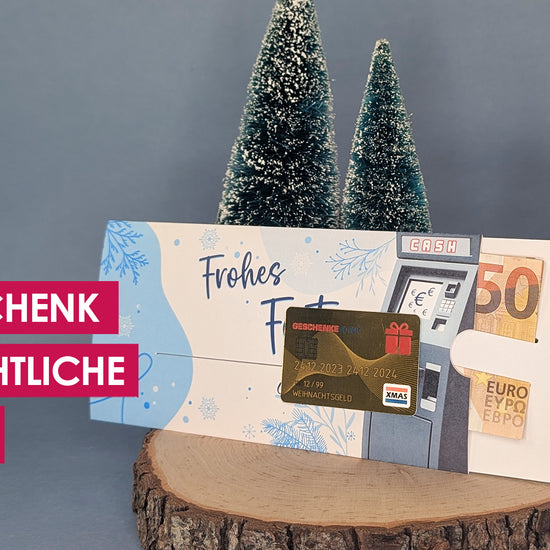Weihnachtliche Ziehkarte mit Bankautomaten und bewegender Goldkarte, Namen und Wunschtext