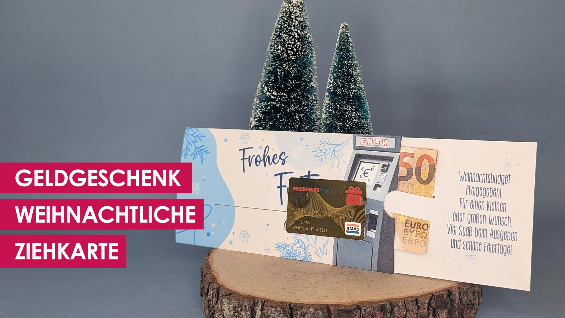 Weihnachtliche Ziehkarte mit Bankautomaten und bewegender Goldkarte, Namen und Wunschtext