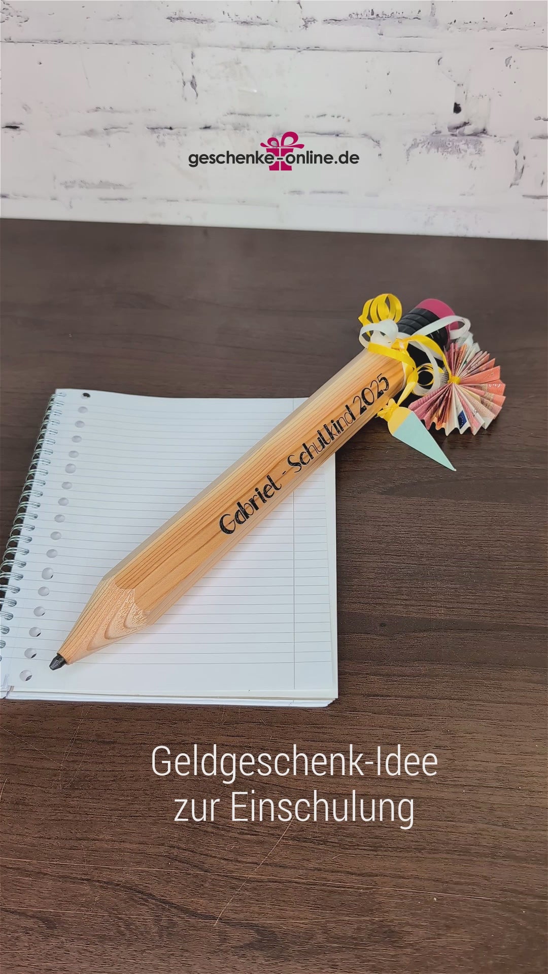 Geldgeschenkidee zur Einschulung - XXL Bleistift mit bedruckter Personalisierung