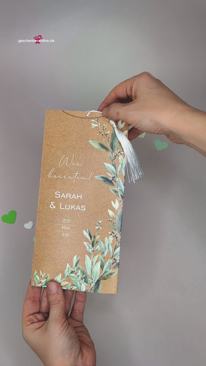 Hochzeitseinladung – Ziehkarte mit Oliven-Motiv in Kraftpapieroptik