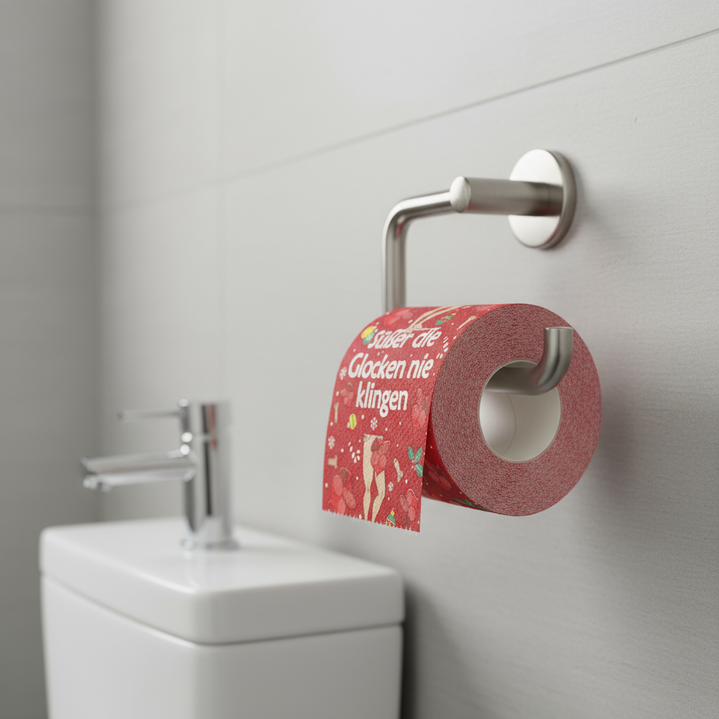 Toilettenpapierrolle Weihnachten rot mit Spruch „Süßer die Glocken nie klingen“ im Badezimmer am Halter